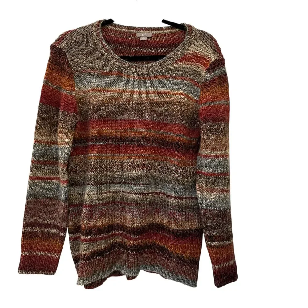 J. Jill Brown, Orange & Blue Striped Wool Alpaca Blend‎ Scoop Neck Sweater S